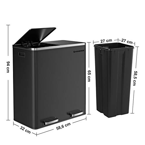 SONGMICS Basurero con 2 Compartimientos de 30L, Basurero de Reciclaje con Pedales de Metal, Cubos Interiores de Plástico y Tapa con Bisagras, Manijas, Cierre Suave, Hermético, Negro LTB60BK