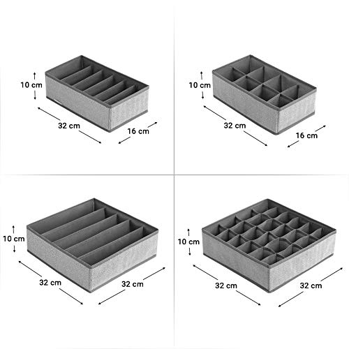 SONGMICS Juego de 4 Separadores de Cajones, Organizadores Plegables para Calcetines, Ropa Interior, Sujetadores, Corbatas, Bufandas, Telas no Tejidas Silimar al Lino, Ahorra Espacio, Gris RUS004G01