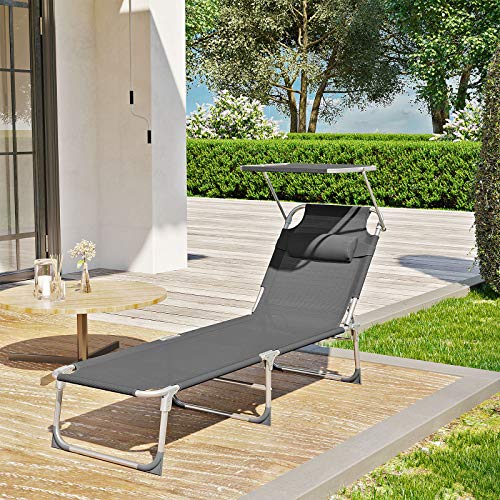 SONGMICS Tumbona, Tumbona Reclinable, con Reposacabezas, Respaldo y Parasol Reclinables, Ligera, Plegable, 53 x 193 x 29,5 cm, Carga 150 kg, para el Jardín, Gris Oscuro GCB19UV1