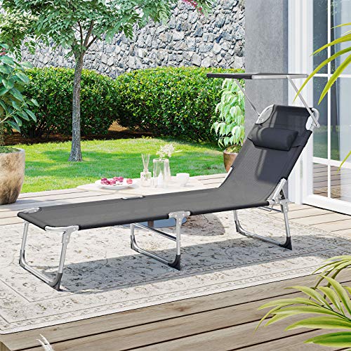 SONGMICS Tumbona, Tumbona Reclinable, con Reposacabezas, Respaldo y Parasol Reclinables, Ligera, Plegable, 53 x 193 x 29,5 cm, Carga 150 kg, para el Jardín, Gris Oscuro GCB19UV1