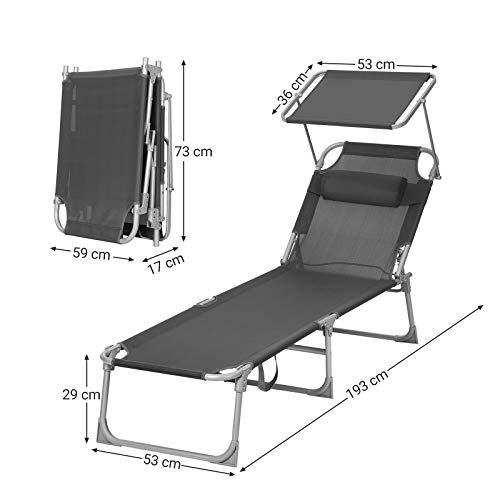 SONGMICS Tumbona, Tumbona Reclinable, con Reposacabezas, Respaldo y Parasol Reclinables, Ligera, Plegable, 53 x 193 x 29,5 cm, Carga 150 kg, para el Jardín, Gris Oscuro GCB19UV1