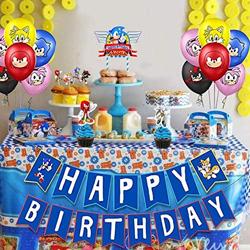 Sonic Decoración para Fiestas de Cumpleaños con Globos Banderín Feliz Cumpleaños Tarjetas de Tarta Adornos de Casa para Fiestas Fiesta Temática Erizo Dibujos Animados para Niños Adultos Fans