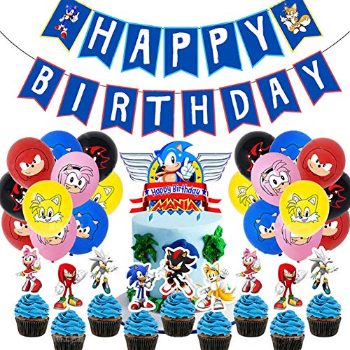 Sonic Decoración para Fiestas de Cumpleaños con Globos Banderín Feliz Cumpleaños Tarjetas de Tarta Adornos de Casa para Fiestas Fiesta Temática Erizo Dibujos Animados para Niños Adultos Fans