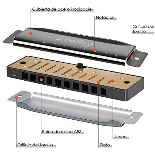 Souidmy Armonica Diatonica, Blues Harmonica, Con 10 Agujeros 20 Tonos, Mayor C, Estructura de Placa de 0,8mm, Cubierta de Acero Inoxidable, Para Niños y Principiantes (Color Negro)