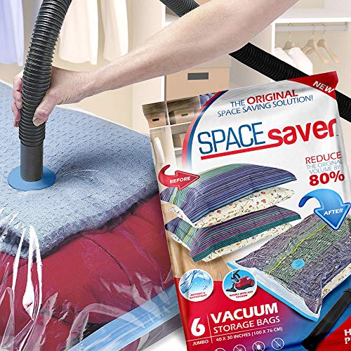 Space Saver - Bolsa de Almacenamiento al vacío Reutilizable, Extragrande, 6 Unidades, Cremallera Doble y válvula de Salida, Incluye Bomba de Viaje, incoloro, Jumbo - 6 Pack