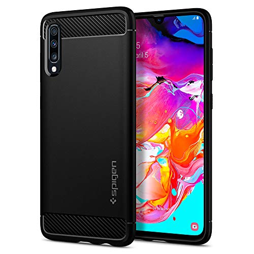 Spigen, Funda Compatible con Samsung Galaxy A70 [Rugged Armor] Absorción de Choque Resistente y diseño de Fibra de Carbono [Compatible con Carga Inalámbrica] - [Negro Mate]