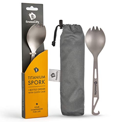 Spork de Titanio (Cuchara-Tenedor) con Destapador de Botellas fuerte y Ultra Liviano, Cuchara, tenedor y destapador de botellas sanos y ecológicos para viajar / acampar en en estuche de tela (1 Unit)