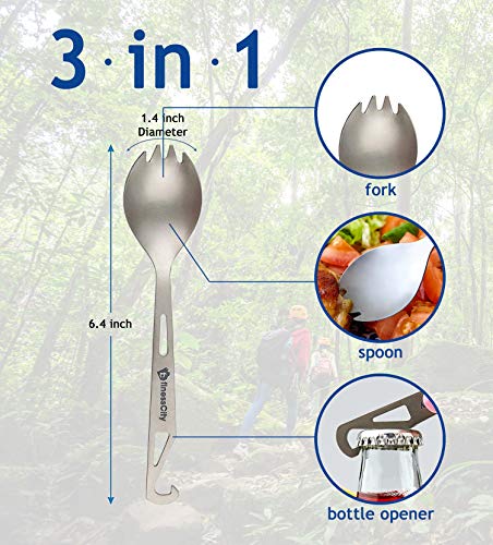 Spork de Titanio (Cuchara-Tenedor) con Destapador de Botellas fuerte y Ultra Liviano, Cuchara, tenedor y destapador de botellas sanos y ecológicos para viajar / acampar en en estuche de tela (1 Unit)