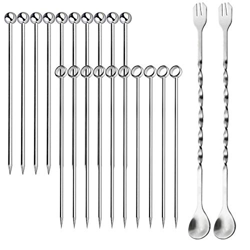 SPTwj 22 palillos de cóctel de acero inoxidable para frutas y barras cucharas de metal, pinchos de comida para dedos, aperitivos pequeños, antipasti, cócteles, fiesta de Navidad