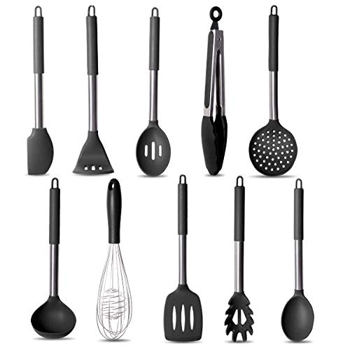 StarCooks - Juego de utensilios de cocina de silicona para cocinar y hornear, 10 piezas, incluye pinzas, batidor, espátula, cucharón, colador, cuchara, triturador de patatas y más