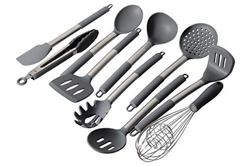 StarCooks - Juego de utensilios de cocina de silicona para cocinar y hornear en color gris, incluye pinzas, batidor, espátula, cucharón, colador, cuchara, triturador de patatas y más