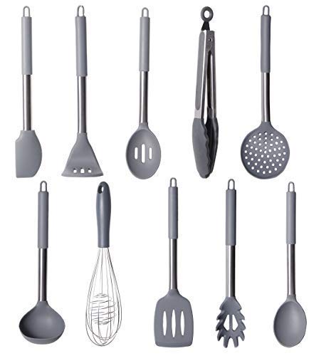 StarCooks - Juego de utensilios de cocina de silicona para cocinar y hornear en color gris, incluye pinzas, batidor, espátula, cucharón, colador, cuchara, triturador de patatas y más