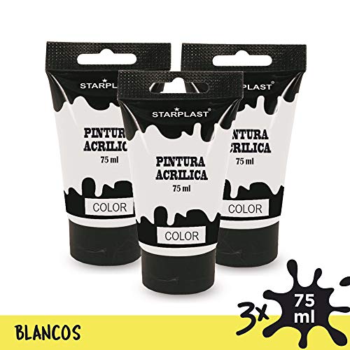 Starplast Pack Hielo 3 Pinturas Acrílicas En Tubo, Pintura Brillante, Lavable, 75 ml, para Lienzos, Papel, Cerámica, Madera, etc, Color Blanco