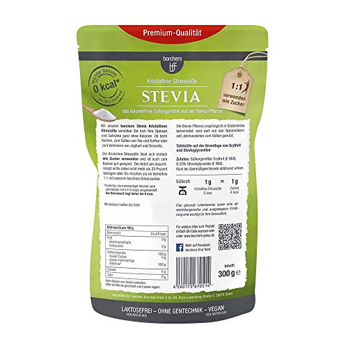 Stevia en polvo 300 g. para endulzar infusiones, café,frutas, yogures, postres u otros platos, y también para cocinar y hornear.