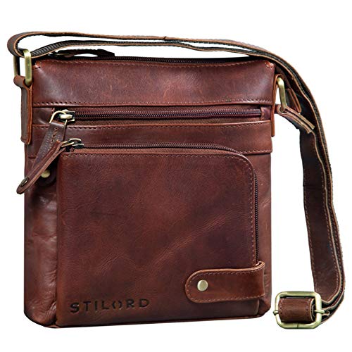 STILORD 'Cameron' Mariconera Hombre de Piel Bandolera Pequeño Bolso Mensajero Vintage Bolso Documentos DIN A5 para Tablet 8.4 Bolso Hombro de Cuero, Color:Porto - marrón