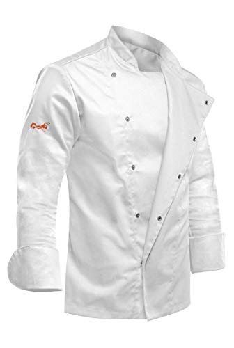 strongAnt® - Chaqueta de Chef para Hombre, Manga Larga con Botones de presión Ocultos Chaqueta de Panadero - Estilo Delgado, Corte Entallado - Hecho en EU - Blanco, XXL