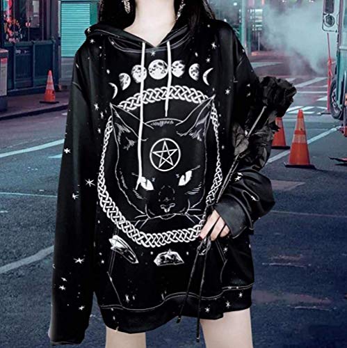 Sudadera con Capucha gótica de Gran tamaño con Estampado de Luna de Gato Steampunk Loose Black Pullover Sudadera con Capucha para Mujer Harajuku Hoody Streetwear Halloween,L