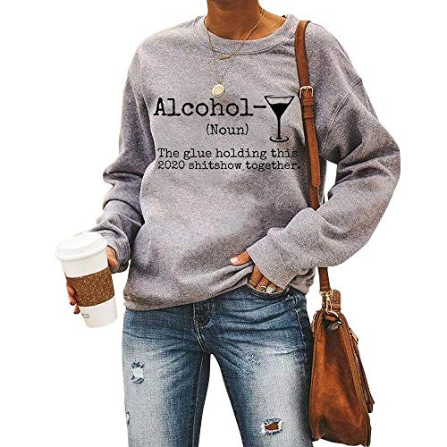 Sudadera con Estampado de Letras de Alcohol Patrón de Copa de Vino Mujeres Niñas Otoño Invierno Algodón Color sólido Gris Cuello Redondo Manga Larga Jersey de Lana Suéter Blusa Tops