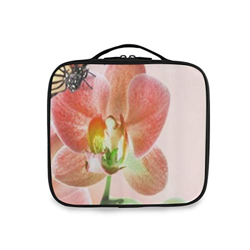 SUGARHE Cymbidium Floral Flor Brote orquídea Flor Mariposa sobre Fondo Rosa,Neceser Maquillaje,Bolsa Cosméticos Organizador Brochas Maquillaje Estuches Portátil