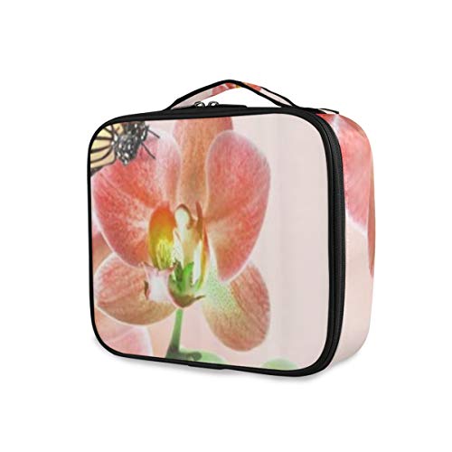 SUGARHE Cymbidium Floral Flor Brote orquídea Flor Mariposa sobre Fondo Rosa,Neceser Maquillaje,Bolsa Cosméticos Organizador Brochas Maquillaje Estuches Portátil