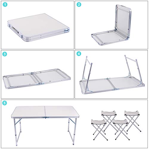 Sunflo - Mesa plegable portátil de 1,2 m de altura ajustable para acampar, portátil, para interiores y exteriores, mesa de picnic y barbacoa con asa, 4FT+4chairs