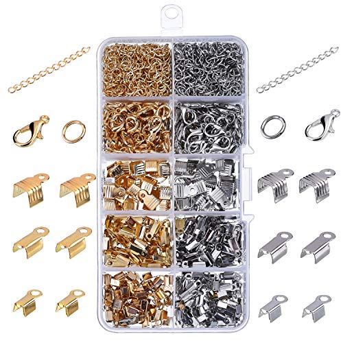 Sunnysam Kit de Accesorios de joyería de 1000 Piezas, Extremos de Cable Plegables de Hierro, Cierres de Garra de Langosta, Cadenas de extensión de Anillos de Salto para Hacer Joyas