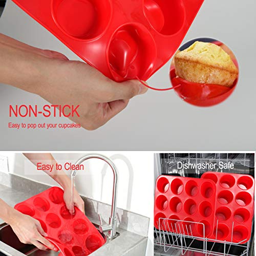 SUPER KITCHEN Molde de Silicona Grande para 12 Magdalenas, Bandejas para Hornear Muffin con Recubrimiento Antiadherente para Muffins, Cupcake, Brownie, Budín 33 x 25x 3 cm (Rojo)