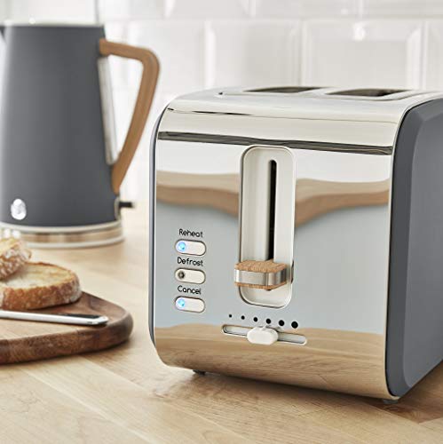 Swan Nordic Set Desayuno Hervidor de agua 1,7L 2200W, Tostadora Pan ranura ancha 2 rebanadas, Microondas 20L digital, diseño moderno, efecto madera, gris