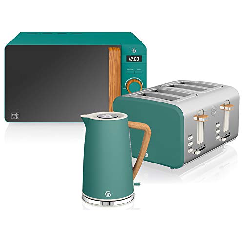 Swan Nordic Set Desayuno Hervidor de agua 1,7L 2200W, Tostadora Pan ranura ancha 4 rebanadas, Microondas 20L digital, diseño moderno, efecto madera, verde mate