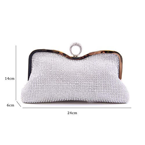 Syrads Bolso de Boda Dorado Clutch Mujer Fiesta Carteras de Mano Bolso de Noche Bandolera con Cadena para Ceremonia Novia Diamantes 722 (Plateado 2)