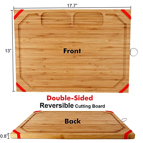 Tabla de cortar única grande de bambú, tabla de cortar orgánica con agarres de goma antideslizantes, con 2 compartimentos especialmente diseñados para carne picada de ajo y cebolla, sin BPA.