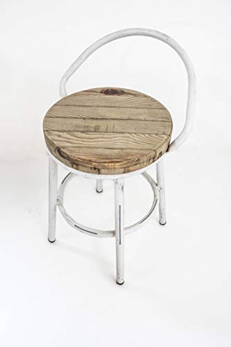 Taburete Bajo con Respaldo Metal y Madera TOM Blanco Vintage Sam, Asiento de Madera, 63x35cm. Incluye Imán Personalizable de Regalo.