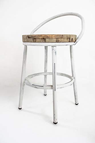 Taburete Bajo con Respaldo Metal y Madera TOM Blanco Vintage Sam, Asiento de Madera, 63x35cm. Incluye Imán Personalizable de Regalo.