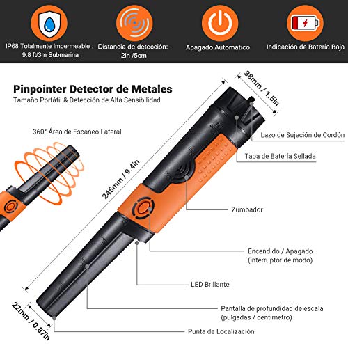 TACKLIFE Detector de Metales Portátil, Pinpointer 360° IP68 Totalmente Impermeable, 3M Medición Subacuática, Indicación de Sonido/Vibración, Escaneo, Funda/Cable Colgante/Batería Incluida - MPP01