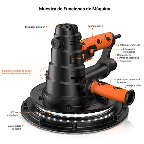 TACKLIFE Lijadora de Pared 800W con Sistema de Autolimpieza y Luz LED, Velocidades Variables 560-2050RPM con 12 Lijas Manguera de Polvo de 2M, Lijadora Techo 225mm con Cable de Alimentación de 4,5M