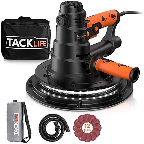 TACKLIFE Lijadora de Pared 800W con Sistema de Autolimpieza y Luz LED, Velocidades Variables 560-2050RPM con 12 Lijas Manguera de Polvo de 2M, Lijadora Techo 225mm con Cable de Alimentación de 4,5M