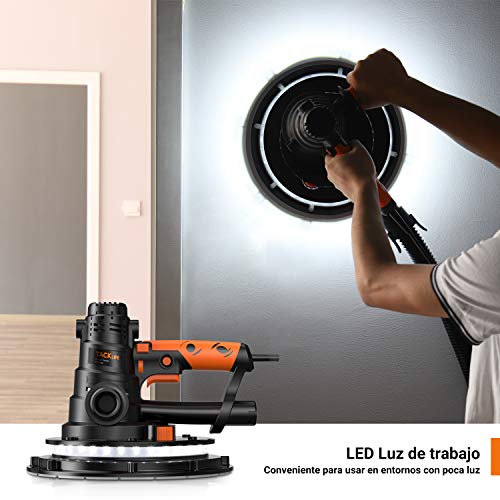 TACKLIFE Lijadora de Pared 800W con Sistema de Autolimpieza y Luz LED, Velocidades Variables 560-2050RPM con 12 Lijas Manguera de Polvo de 2M, Lijadora Techo 225mm con Cable de Alimentación de 4,5M