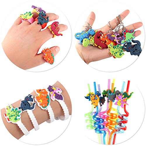 Tacobear 48piezas Fiesta Dinosaurios Accesorios Laveros Dinosaurios Pulsera Dinosaurio Anillo Dinosaurio Pajitas Pegatinas Dinosaurios para Niños Dinosaurio Fiesta Artículos Cumpleaños Party