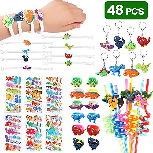 Tacobear 48piezas Fiesta Dinosaurios Accesorios Laveros Dinosaurios Pulsera Dinosaurio Anillo Dinosaurio Pajitas Pegatinas Dinosaurios para Niños Dinosaurio Fiesta Artículos Cumpleaños Party