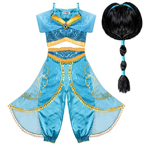 Tacobear Disfraz Jasmine Niña con Peluca Princesa Jasmine Vestido Traje Princesa Jasmine para Halloween Cosplay Fiesta Carnaval (5-6 años)