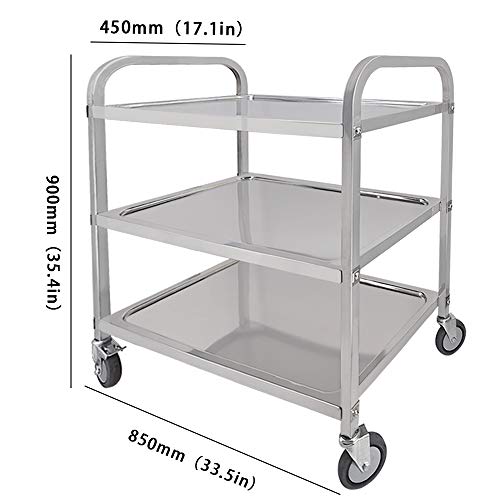 TAIMIKO Carro de Acero Inoxidable con 4 Ruedas, Carrito de Servicio con 3 Estantes Carro de Servir con Freno (85 x 45 x 90 cm)