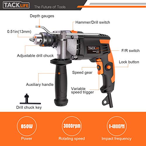 Taladro Percutor, Tacklife 850W 3000RPM Taladro Eléctrico con caja de herramientas y 360° Empuñadura Giratoria de Metal,Martillo Taladro 2 Funciones en 1 PID03B