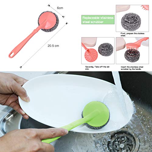 TankerStreet 6PCS Estropajos de Cocina Acero Inoxidable Depurador con Mango de Plástico Bolas de Alambre Acero Reemplazable Limpieza Herramienta de Cepillo para Lavado Plato Maceta Color Aleatorio