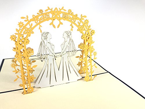 Tarjeta de felicitación de boda para matrimonio con pareja lesbiana bajo flores, arco azul oscuro, tarjeta de boda, deseos de boda, felicitaciones, boda, fiesta, invitación, tarjeta 3D.