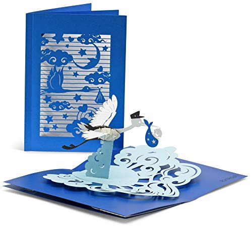 Tarjeta de felicitación de nacimiento con página extra para saludos - tarjeta para niños - tarjeta de nacimiento azul 3D pop-up para niños con una cigüeña y un bebé para felicitar