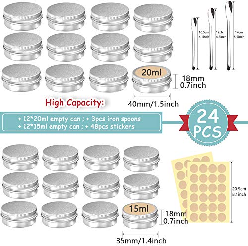 Tarros de Aluminio Vacío, Frasco de Aluminio Plateado, 24 piezas Frasco para Cosméticos con 3 cucharas de hierro y adhesivos, Frasco de Crema Viaje, Bálsamos Labial, Cosméticos, Velas, Loción (Dorado)