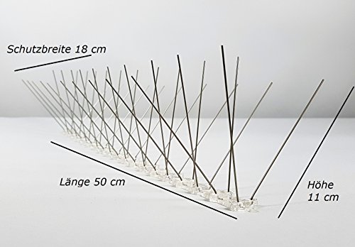 Taubenspikes PP 04-40 - Protección contra palomas (4 filas de pinchos, 50 cm, con lámina de policarbonato, 10 unidades)