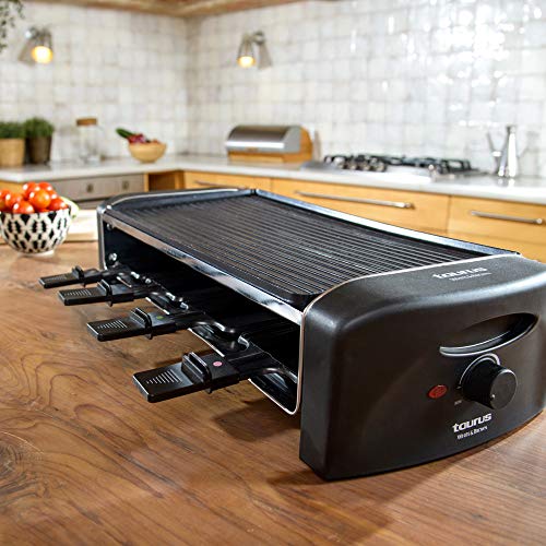 Taurus Arizona-Raclette, Placa Reversible Grill o Lisa, 42 x 21 cm, Antiadherente, 8 Mini sartenes de Distintos Colores, Producto Libre de PFOA y BPA, Negro