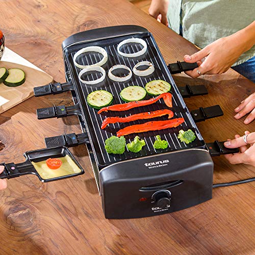 Taurus Arizona-Raclette, Placa Reversible Grill o Lisa, 42 x 21 cm, Antiadherente, 8 Mini sartenes de Distintos Colores, Producto Libre de PFOA y BPA, Negro