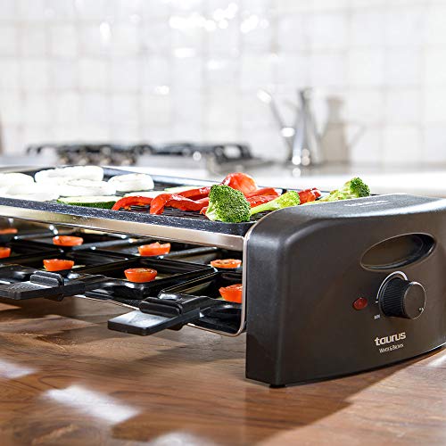 Taurus Arizona-Raclette, Placa Reversible Grill o Lisa, 42 x 21 cm, Antiadherente, 8 Mini sartenes de Distintos Colores, Producto Libre de PFOA y BPA, Negro